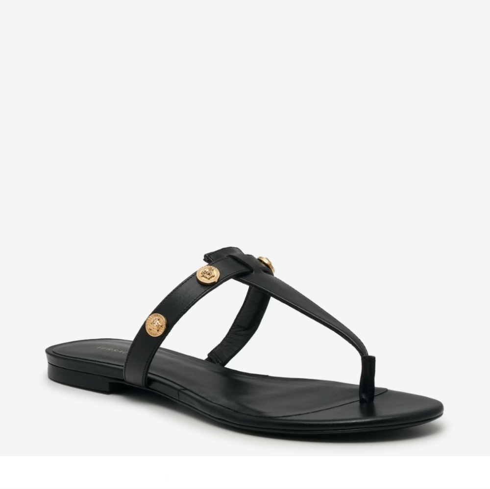 Versace Medusa Studs Flat Thong Sandals Black Leather Womens 6 EU 36 DST669CS